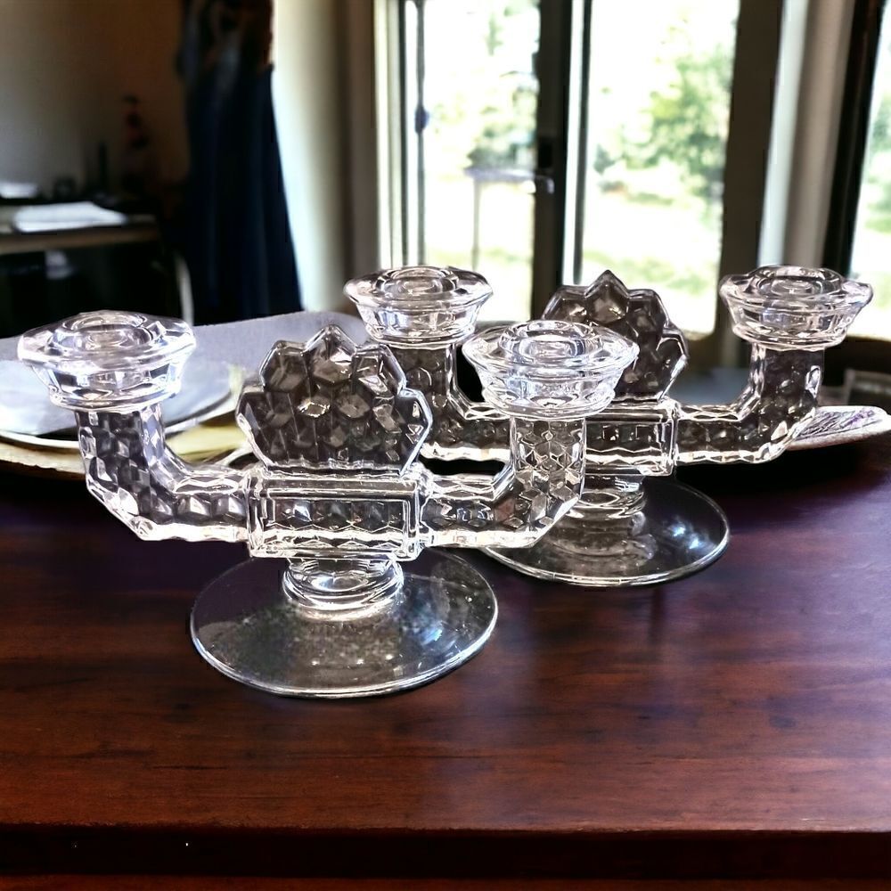 2 Fostoria Glass American Double Candlesticks Candle‎ Holders Candelabras Cubist